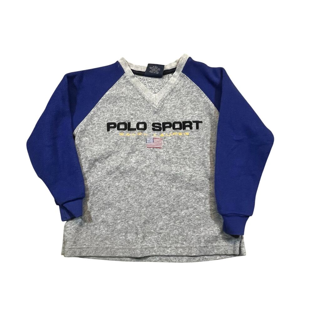 Vintage Polo‎ Sport Ralph Lauren Sweatshirt Boy 5 Gray Blue Raglan USA Flag